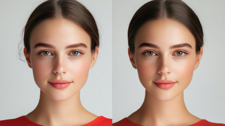 A before-and-after comparison of a woman's eyebrows, showcasing the transformation from unkempt to perfectly shaped, emphasizing the power of brow grooming.の素材