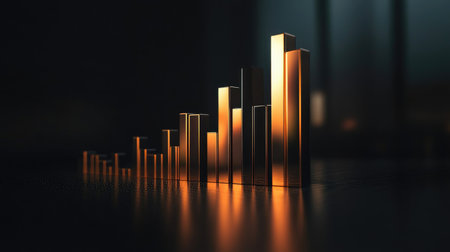 A D bar chart with metallic bars increasing steadily, set against a dark background, illustrating financial growth and economic trends.の素材