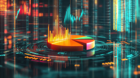 A D pie chart with segmented sections showing different financial data points, hovering in a virtual space surrounded by numbers and data lines.の素材