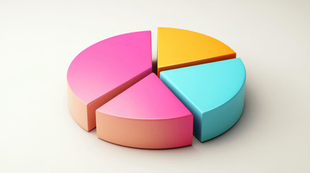 A D pie chart in vibrant colors with thick slices, some sections pulled apart for emphasis, placed on a light background with soft shadows for contrast.の素材