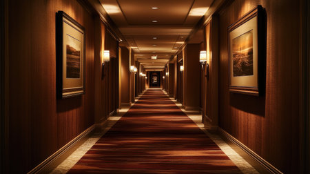 A beautifully designed hallway with clean lines, minimalist artwork, and subtle lighting, creating an elegant transition between spaces.の素材
