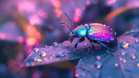 A beetle with iridescent colors sitting on a wet leaf after rain, with droplets reflecting the light, creating a fresh and vibrant nature scene.の素材