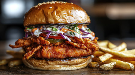 A close-up of a delicious burger stacked high with fresh toppings, served with crispy fries on a rustic wooden table, highlighting comfort food at its best.の素材