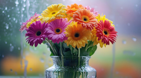 A bouquet of colorful flowers arranged in a glass vase, with water droplets on the petals, reflecting light and creating a fresh, vibrant atmosphere.の素材