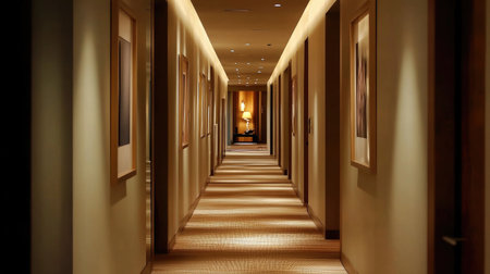 A beautifully designed hallway with clean lines, minimalist artwork, and subtle lighting, creating an elegant transition between spaces.の素材