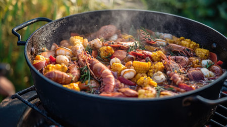A beautiful outdoor scene of a large pot simmering on a grill, filled with a colorful seafood boil, perfect for family gatherings and summer cookouts.の素材