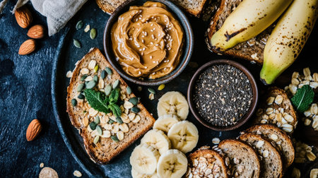 A charming image of a breakfast spread featuring toasted bread with various toppings like nut butter, banana slices, and seeds, promoting a balanced morning meal.の素材