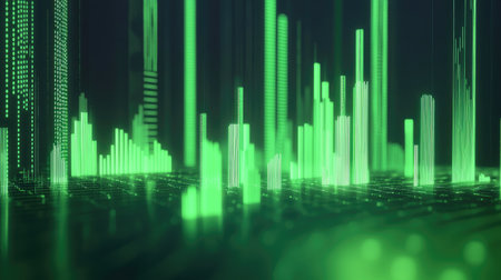 A D rendering of stock market graphs with rising green lines, floating percentage symbols, and digital stock tickers, representing strong financial performance.の素材