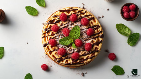 This beautifully presented waffle features fresh raspberries and a mint leaf garnish, drizzled with chocolate, making it a perfect dessert or breakfast treat.の素材