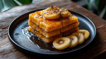 A beautifully presented honey glazed banana stack on a dark plate, featuring layers of toast drizzled with syrup, complemented by fresh banana slices.の素材