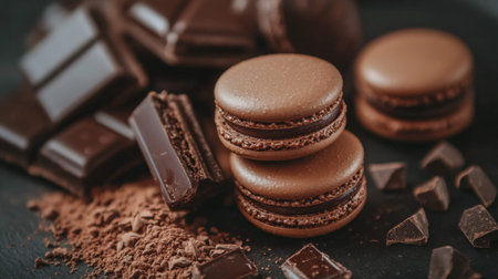 A captivating arrangement of rich chocolate treats and macarons on a black background, perfect for showcasing indulgent dessert options and gourmet delights.の素材