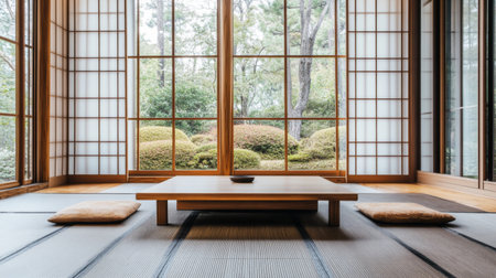This image captures a serene Japanese interior featuring tatami mats, a low wooden table, and large windows that frame a lush garden view, promoting tranquility.の素材