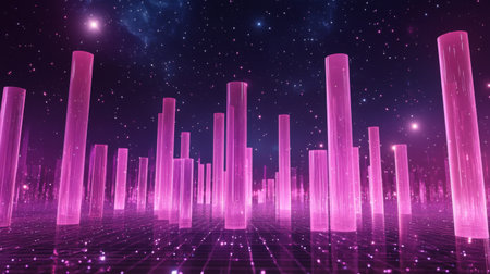 This mesmerizing image features glowing pink pillars rising from a reflective surface under a starry sky, creating a vibrant and imaginative digital landscape.の素材
