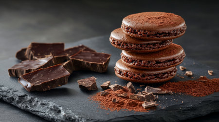 Explore a delightful arrangement of chocolate macarons paired with rich chocolate pieces and cocoa powder. Perfect for dessert lovers and gourmet treat enthusiasts.の素材