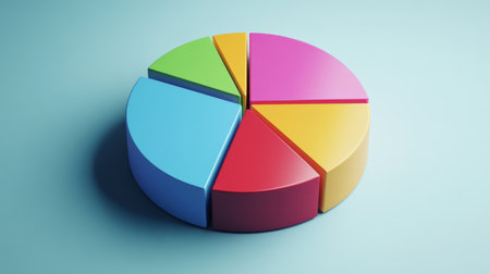 This image features a vibrant pie chart with six distinct colorful sections, set against a calming blue backdrop, ideal for business and data presentations.の素材