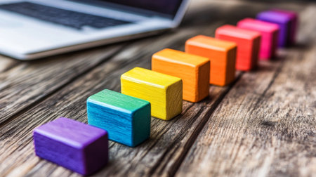 Colorful wooden blocks are neatly arranged on a wooden surface with a laptop in the background, creating a playful and creative workspace atmosphere perfect for inspiration and learning.の素材