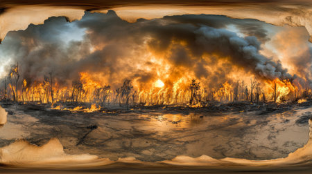 This powerful image captures a wildfire engulfing a forest at sunset, showcasing flames and smoke against a dramatic sky. The scene reflects nature's fury.の素材