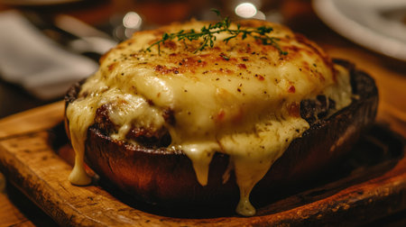 A close-up of a delicious cheeseburger with a melting slice of cheese on top, served on a rustic wooden plate, illustrating the indulgence of comfort food.の素材
