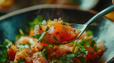 A close-up of a spoonful of  being added to a fresh salad, illustrating the versatility of this condiment in enhancing the flavor of various dishes.の素材