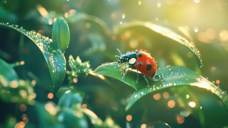 A close-up of a ladybug resting on a dewy green leaf, its red shell contrasting with the vibrant foliage as sunlight filters through the scene.の素材