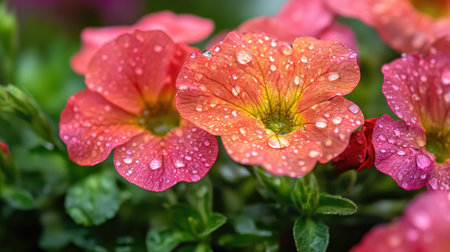 A close-up of vibrant flowers with glistening water droplets on their petals, capturing the freshness and beauty of nature after a rain shower.の素材