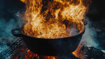 A close-up shot of a traditional cast iron pot on a campfire, with flames dancing around it, capturing the essence of outdoor cooking and adventure.の素材