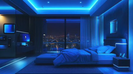 A contemporary bedroom with smart home technology, including automated lighting and climate control, showcasing the future of modern living in a stylish setting.の素材