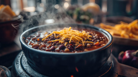 A comforting scene of a warm bowl of chili being served at a cozy gathering, with steam rising and toppings like cheese and sour cream ready for guests.の素材