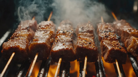 A close-up of skewered marinated meat on a grill, with smoke billowing and spices visible, emphasizing the flavors and textures of grilled meats.の素材