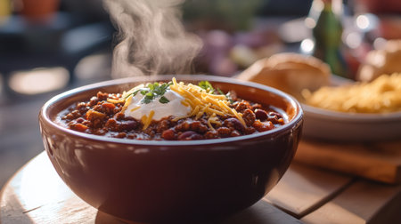 A comforting scene of a warm bowl of chili being served at a cozy gathering, with steam rising and toppings like cheese and sour cream ready for guests.の素材