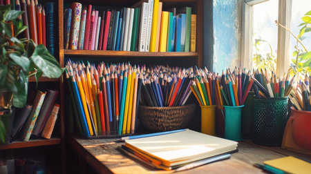 A cozy corner filled with colored pencils and sketchbooks, inviting creativity and imagination, perfect for artists and hobbyists alike.の素材