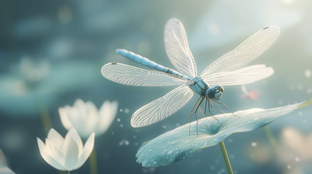 A dragonfly perched delicately on a leaf, its translucent wings shimmering in the sunlight, showcasing the beauty of nature's small creatures.の素材