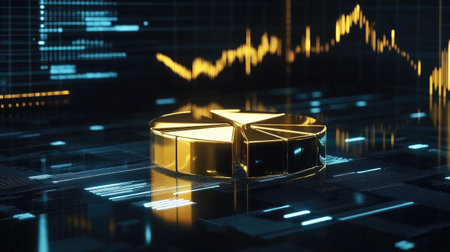 A futuristic D gold pie chart with sleek metallic segments floating against a digital interface, representing global gold reserves and investments.の素材