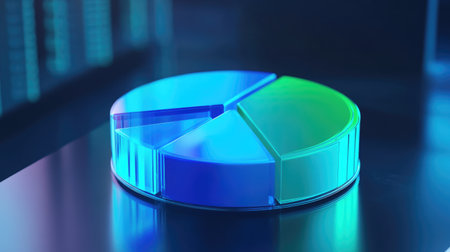 A digital D pie chart in blue and green hues, representing financial distribution on a holographic screen, symbolizing innovative financial analysis.の素材