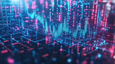 A futuristic D financial chart with rising blue bars and arrows, overlaid with stock prices and percentage gains, representing market growth and investment opportunities.の素材