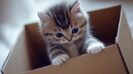 A cute kitten plays inside a cardboard box, showcasing its playful nature and adorable features. The soft fur and curious eyes create a heartwarming scene.の素材