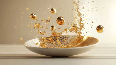 A stunning visual of a golden splash captured in a white plate, featuring metallic spheres amidst a fluid motion, symbolizing elegance and creativity in design.の素材