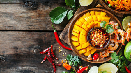 A stunning arrangement of fresh mango slices, shrimp, and spices on a rustic wooden board. The vibrant colors highlight a delicious tropical dish perfect for summer gatherings.の素材