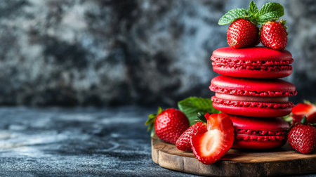 A stunning arrangement of red macarons stacked high, surrounded by fresh strawberries and mint leaves, showcasing a delicious dessert perfect for any occasion.の素材