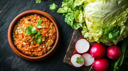 A vibrant and appetizing vegetable dish featuring a spicy sauce served in a rustic bowl. This healthy and colorful meal is perfect for a fresh dining experience.の素材