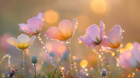 A stunning display of delicate pastel flowers adorned with glistening dew under the soft morning light, creating a serene and enchanting atmosphere in nature.の素材