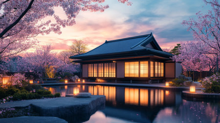 This tranquil image captures a Japanese building surrounded by cherry blossoms at sunset, reflecting beautifully on the serene pond. Ideal for promoting peace and nature.の素材