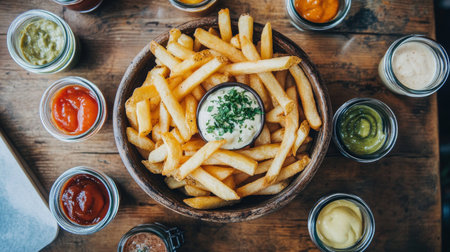 A beautiful arrangement of crispy golden French fries served in a rustic wooden bowl, accompanied by an array of colorful dipping sauces for a delightful snack experience.の素材