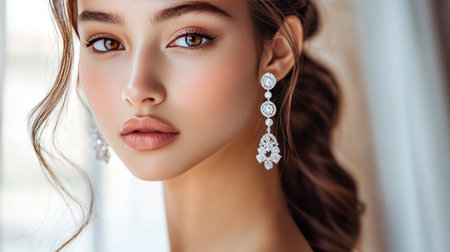 A model wearing exquisite diamond drop earrings, with the diamonds shimmering under soft lighting, emphasizing elegance and luxury.の素材