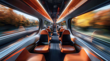 A panoramic view from inside a high-speed train, showing the blur of scenery passing by, emphasizing the thrill of speed and travel.の素材