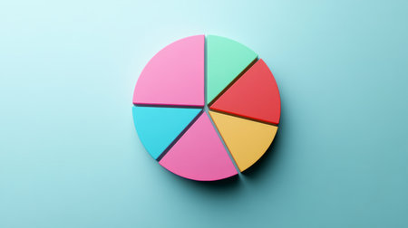 A vibrant pie chart in soft pastel colors set against a light blue background, showcasing segments for data visualization, perfect for presentations and reports.の素材