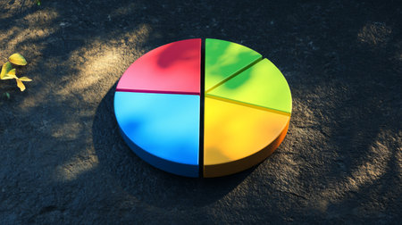A vibrant pie chart rests on a stone surface, capturing the essence of data visualization in an outdoor environment. The colorful segments highlight creativity and practicality.の素材
