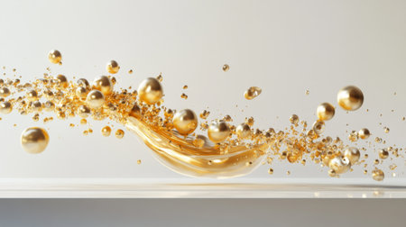 This stunning image captures an elegant gold liquid splash, featuring shimmering bubbles in dynamic motion. Perfect for artistic projects and designs.の素材