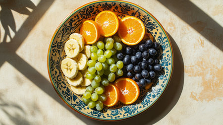 This image showcases a vibrant arrangement of fresh fruits, including bananas, grapes, blueberries, and oranges, served on a beautifully decorated plate, perfect for healthy eating.の素材