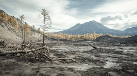 A photograph capturing the aftermath of a volcanic eruption, with ash-covered landscapes and fallen trees, illustrating the impact on the environment.の素材